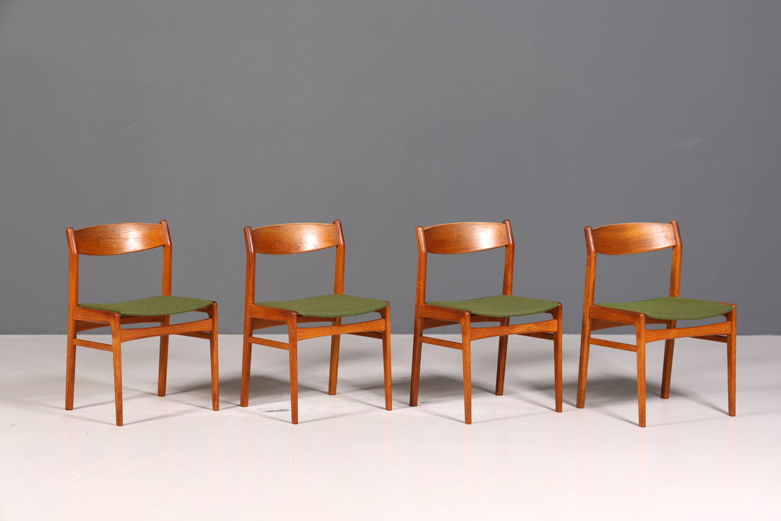 E111 Finish 4x Mid Century Teak Holz Stühle Made in Denmark Retro Stuhlset Danish Design Küchenstühle