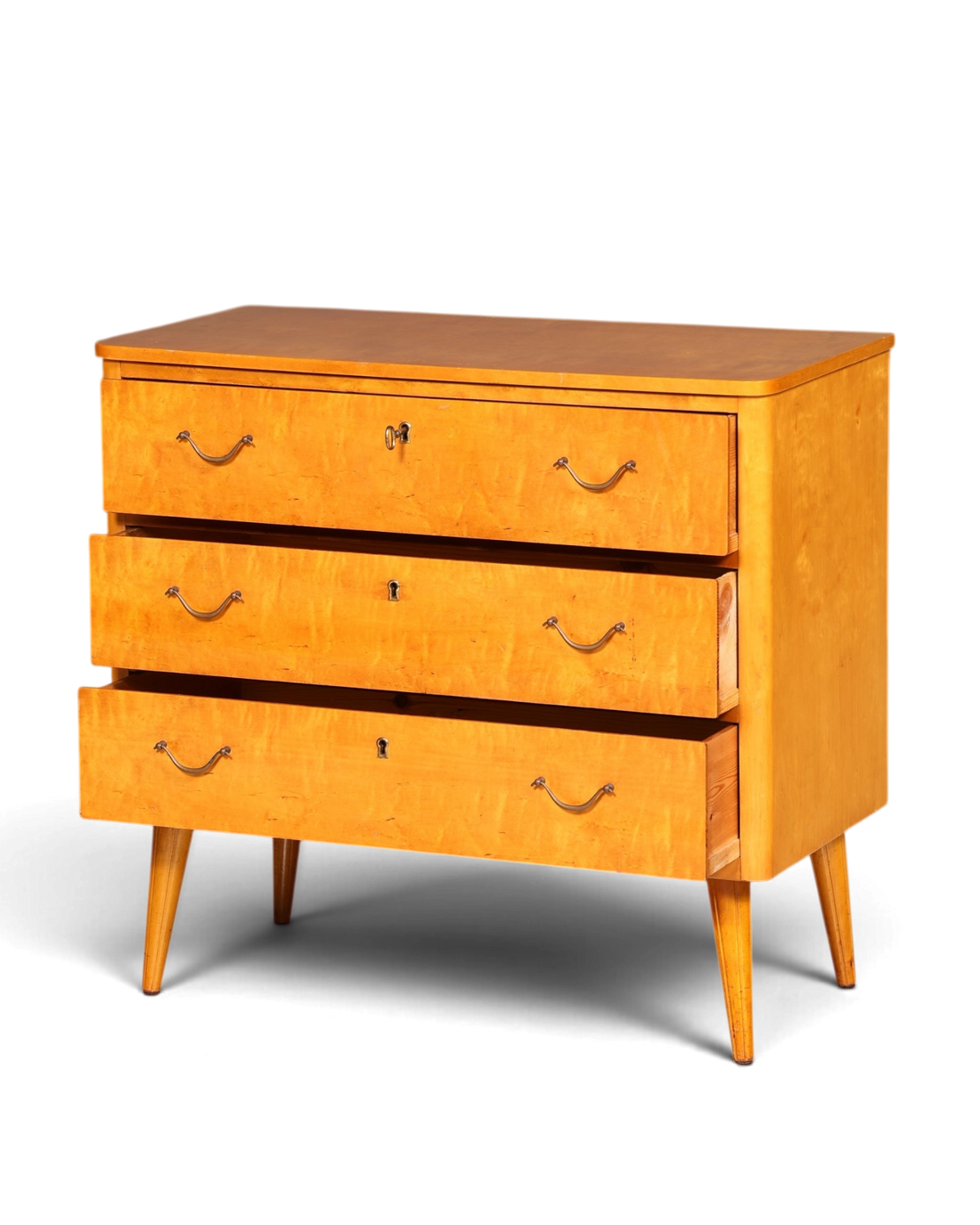 Hauptstadt Möblerei Mid Century Kommode aus massivem Holz mit drei Schubladen und Messinggriffen im Retro-Design