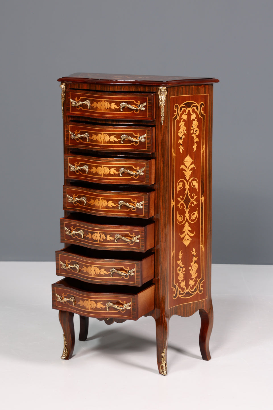 Edler Barock Stil Louis XV Highboard Intarsien Vertiko Kommode
