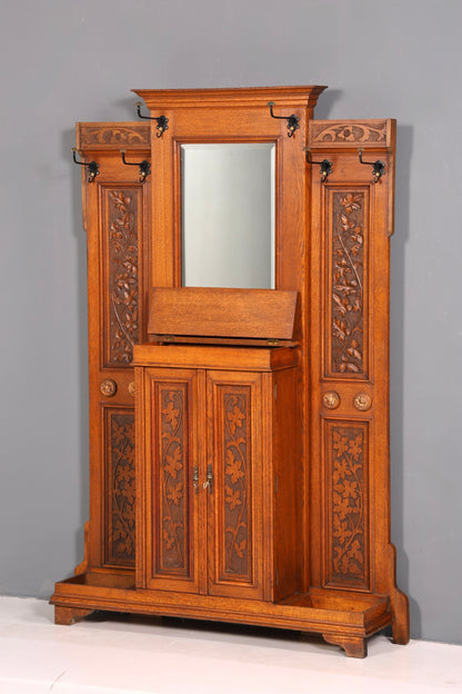 Traumhafte Jugendstil Garderobe Flurgarderobe Eiche Antik Kleiderwand mit Spiegel Dielenmöbel Wandgarderobe