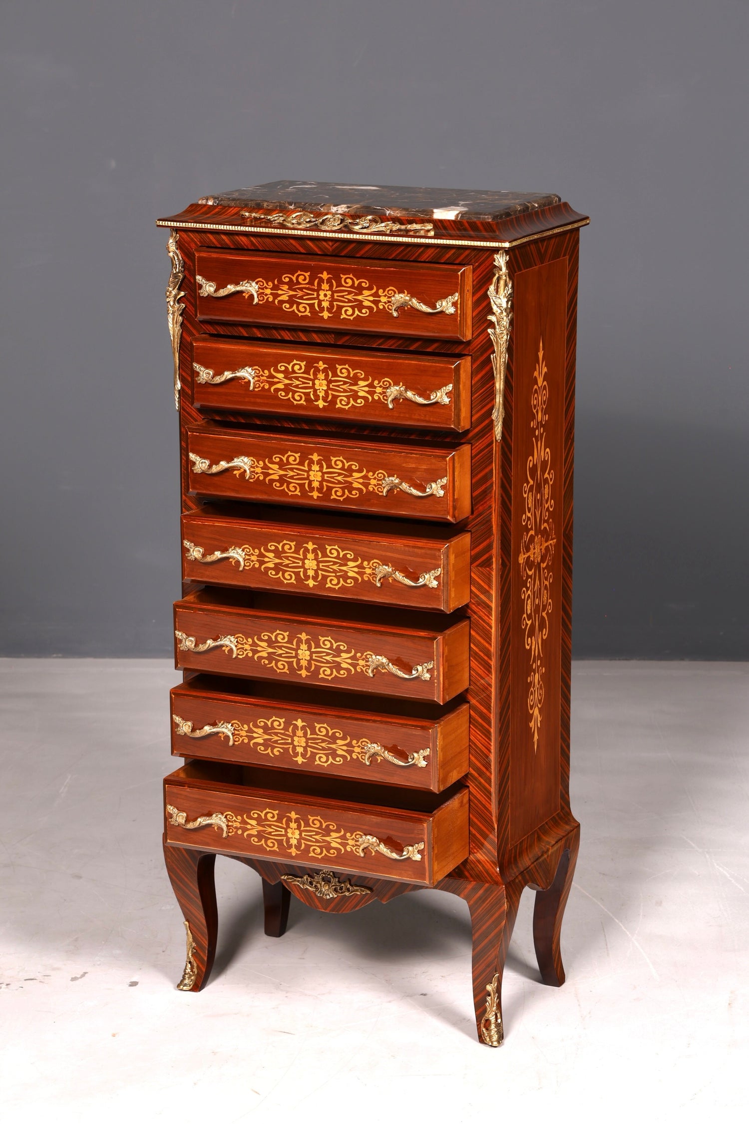 Wunderschönes Barock Stil Louis XV Highboard Marmor Vertiko Intarsien Kommode