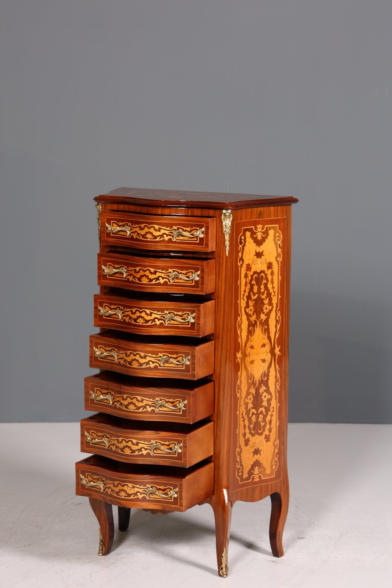 Traumhaftes Barock Stil Louis XV Highboard Intarsien Vertiko Kommode Schubladenkommode