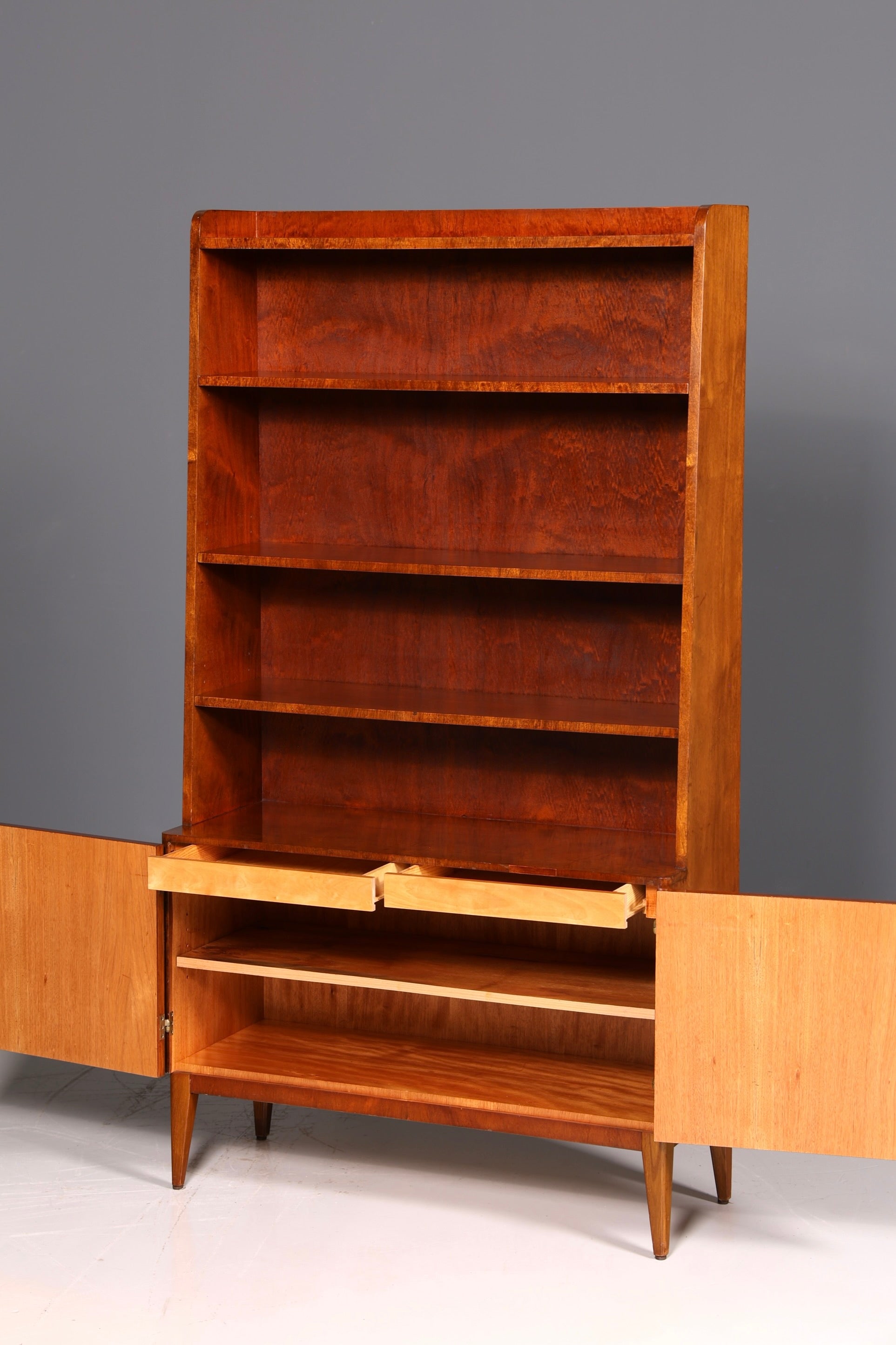 Simple mid-century bookcase, Danish design shelving cabinet, walnut, vintage retro 1960s wood