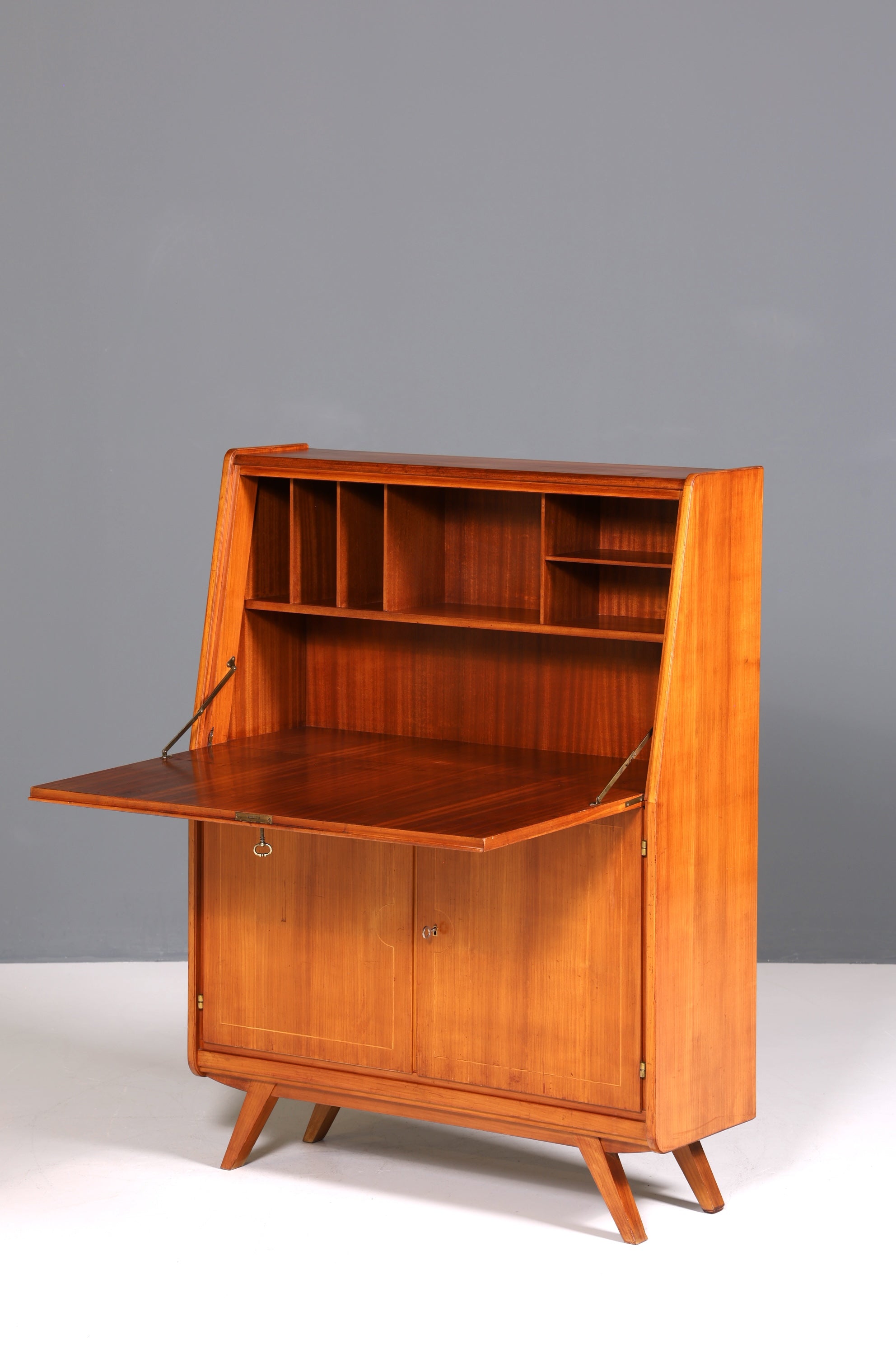 F222 Finish cm Schlichter Mid Century Sekretär Vintage Schreibmöbel echt Holz Kommode Office Secretary