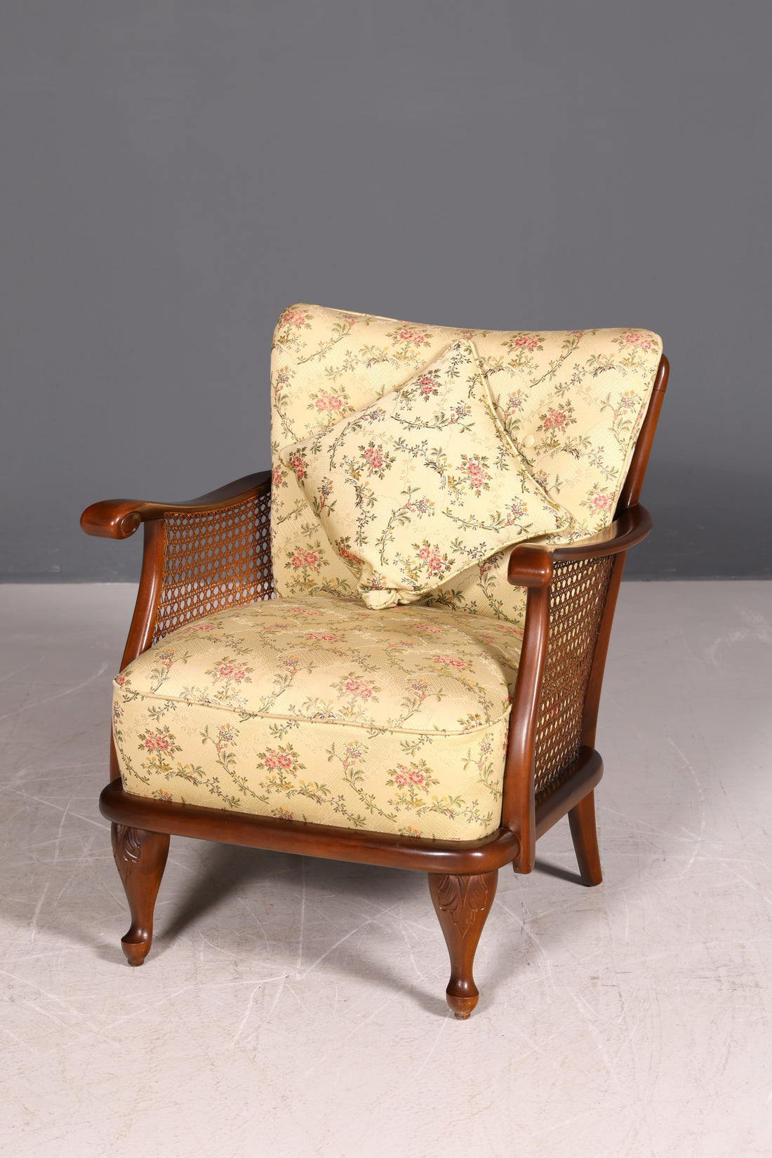 Traumhafter Chippendale Sessel Antik 60s Korbgeflecht Relax Sessel Vintage Samt Stoff 1 von 2