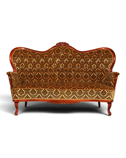 Hauptstadt Möblerei Sofa im antiken Stil mit braunem Damast-Muster und geschwungenem Holzrahmen