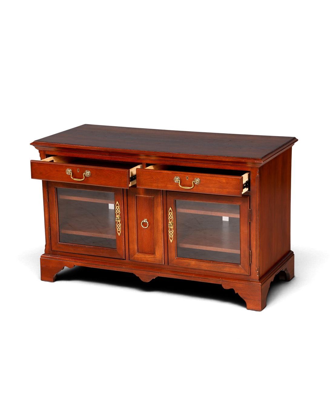 Hauptstadt Möblerei H866 Sideboard aus dunklem Holz mit zwei Schubladen, Glastüren und goldenen Beschlägen