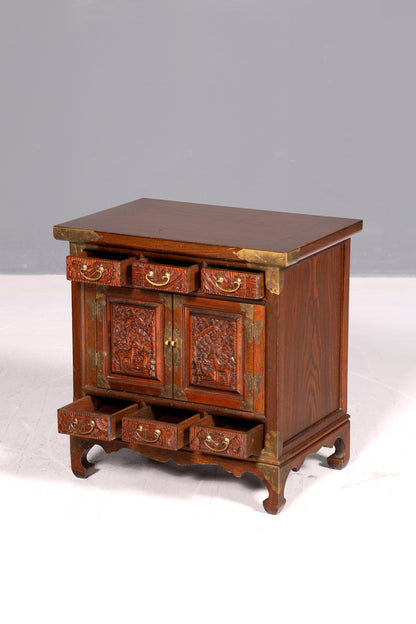 Edle Asiatische Kommode Schnitzereien Antik Korea Schrank Beistellschrank Messingbeschläge Holz Vintage