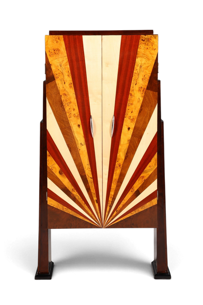 Hauptstadt Möblerei Art Deco Highboard Sun aus massivem Echtholz mit markantem strahlenförmigem Furniermuster