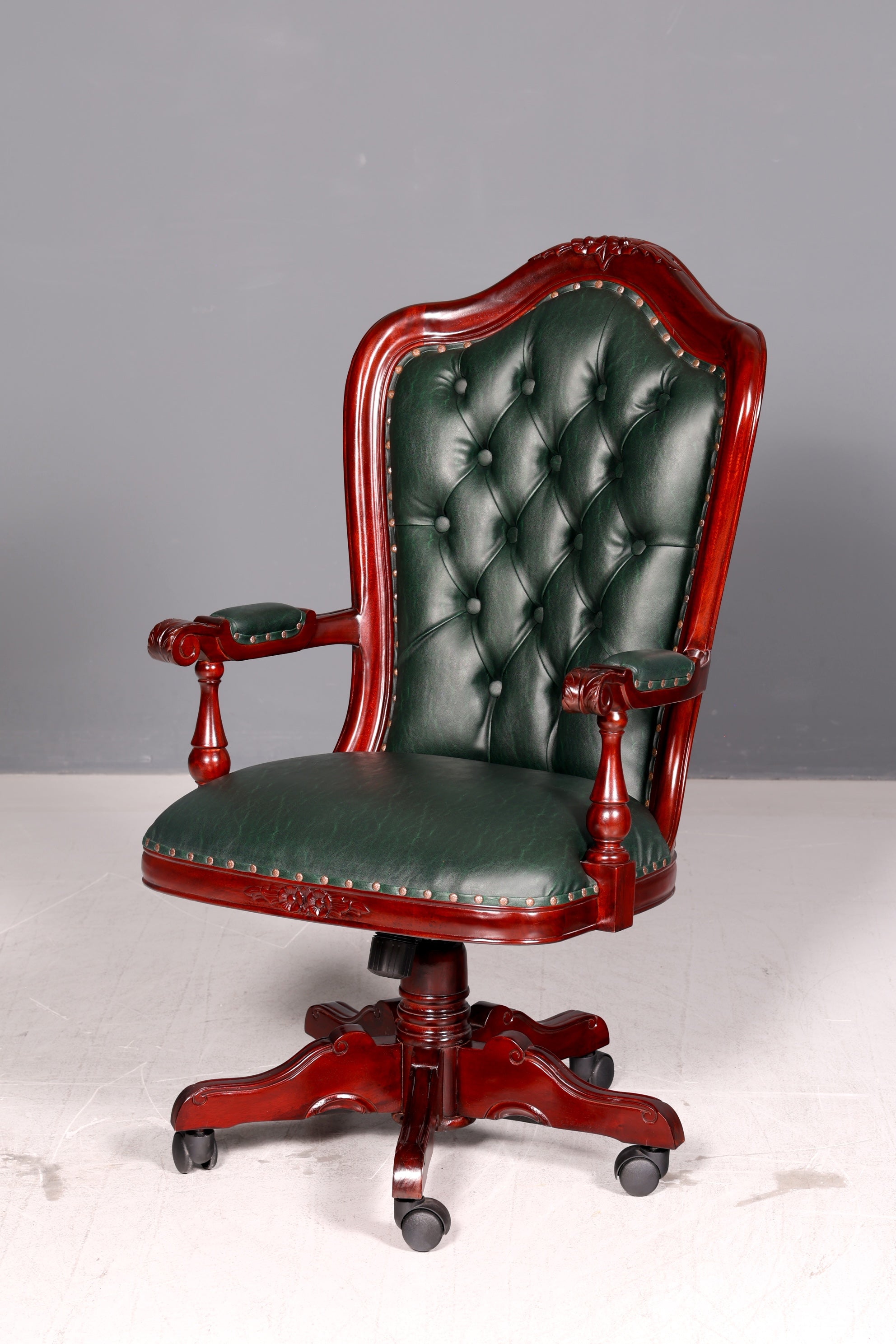Elegant Chesterfield Executive Office Chair Green Mahogany Desk Chair Swivel Chair English Vintage