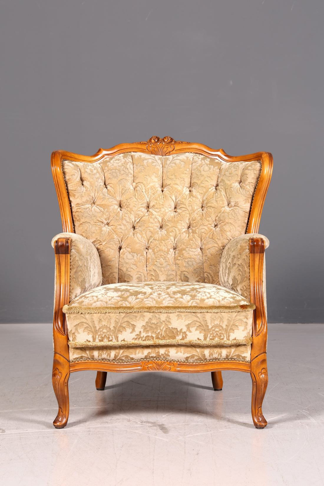 Elegant Chippendale Armchair, Baroque Style, Velvet Fabric, Antique Vintage