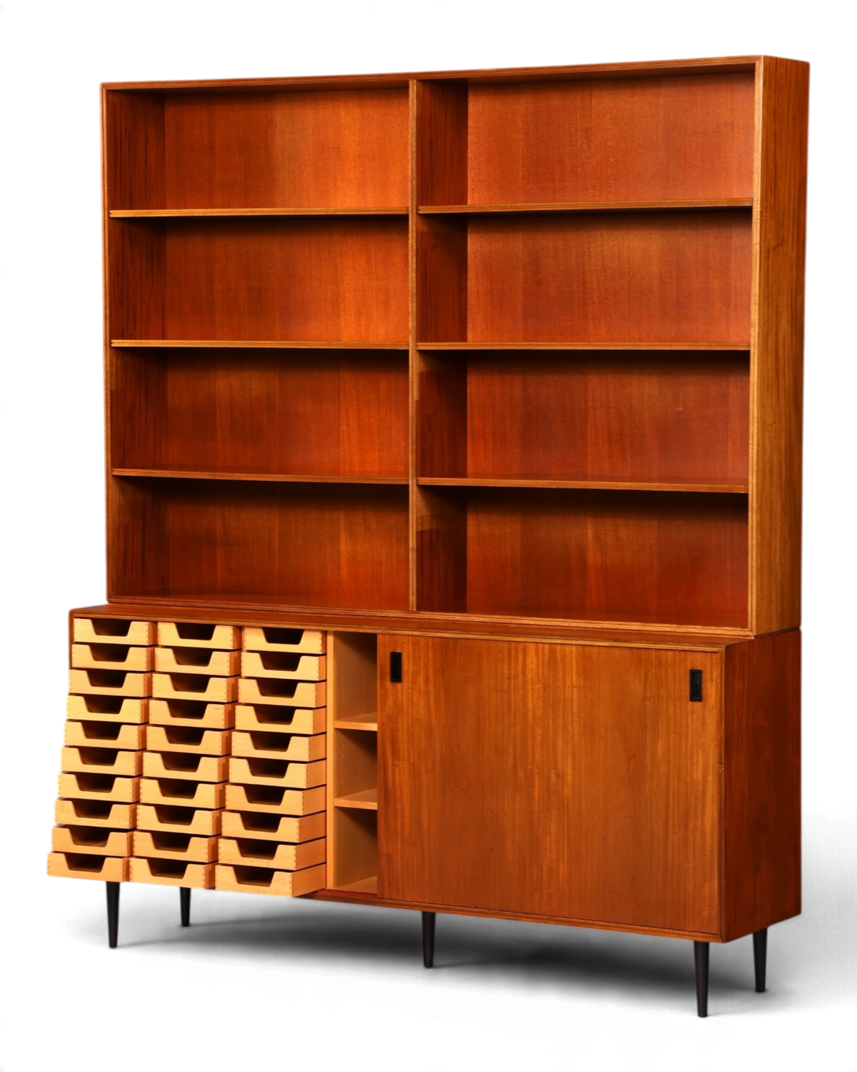 XXL Mid-Century bookcase, Danish design cabinet with sliding doors and drawers, retro shelf, vintage apothecary cabinet, library