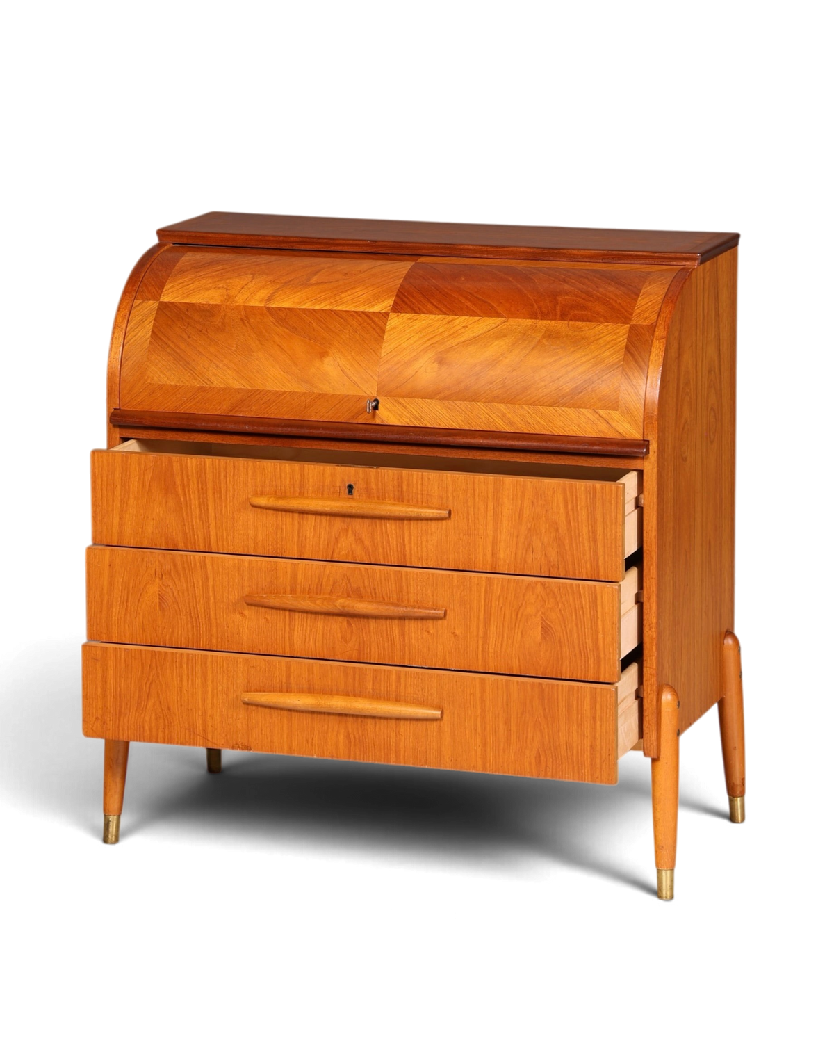 Hauptstadt Möblerei Mid Century Rollladen-Sekretär aus Holz mit drei Schubladen im 60er Jahre Design