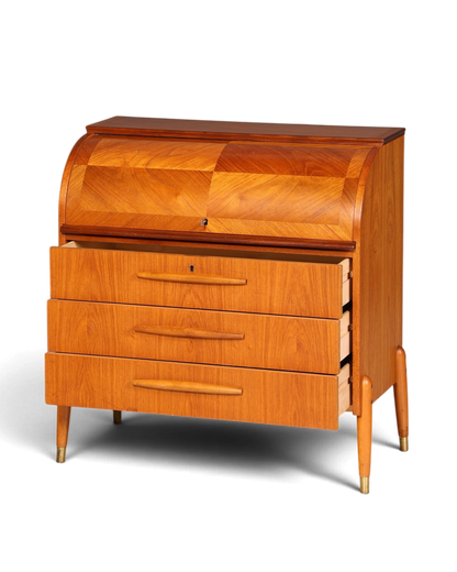 Hauptstadt Möblerei Mid Century Rollladen-Sekretär aus Holz mit drei Schubladen im 60er Jahre Design