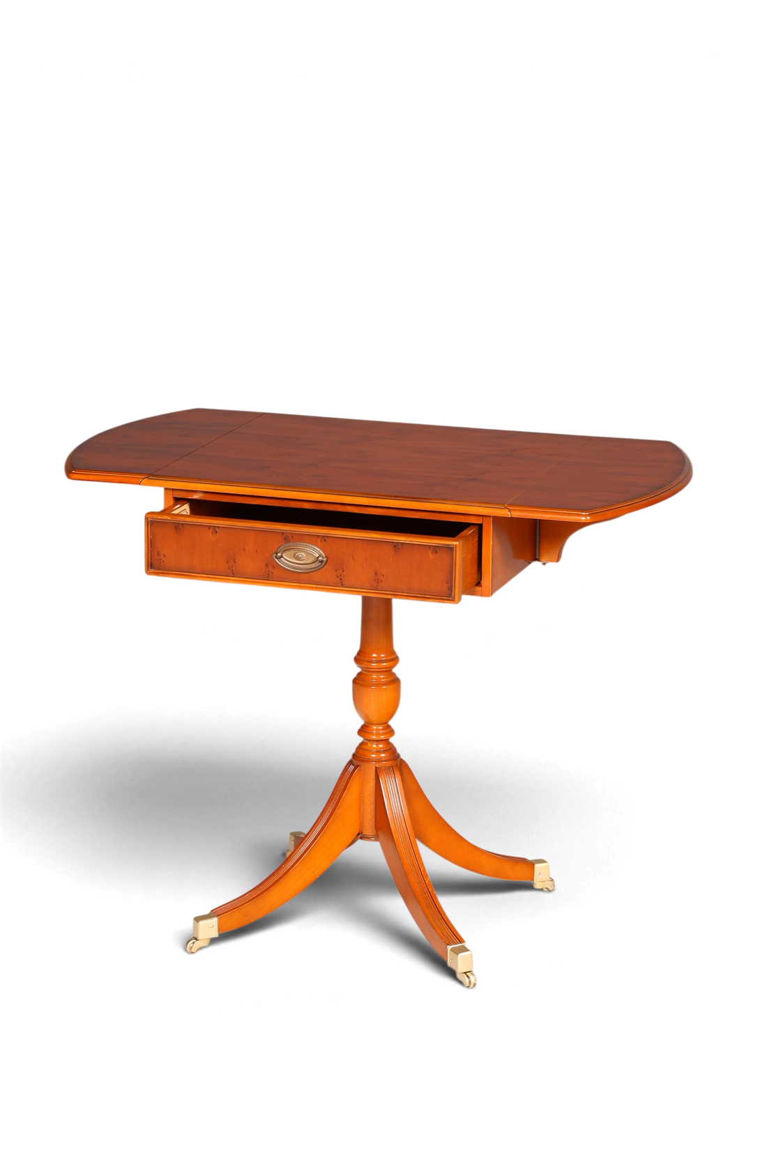 Hauptstadt Möblerei Heldense Beistelltisch aus Eibenholz mit klappbarer Platte, Schublade und Rollen im Vintage-Stil