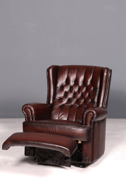 Elegant Chesterfield wingback armchair, recliner, genuine brown leather, TV chair, lounge chair, leather armchair