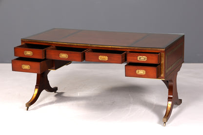 F939 Finish Edler Maritimer Schreibtisch Englischer Military Chest Bürotisch Office Table mit echt Lederauflage