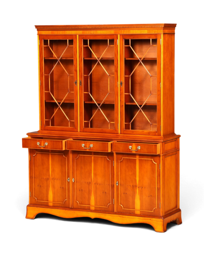 Hauptstadt Möblerei englische Vitrine aus Eibenholz mit Glasfront, Messingbeschlägen und Stauraum im Buffet-Unterteil
