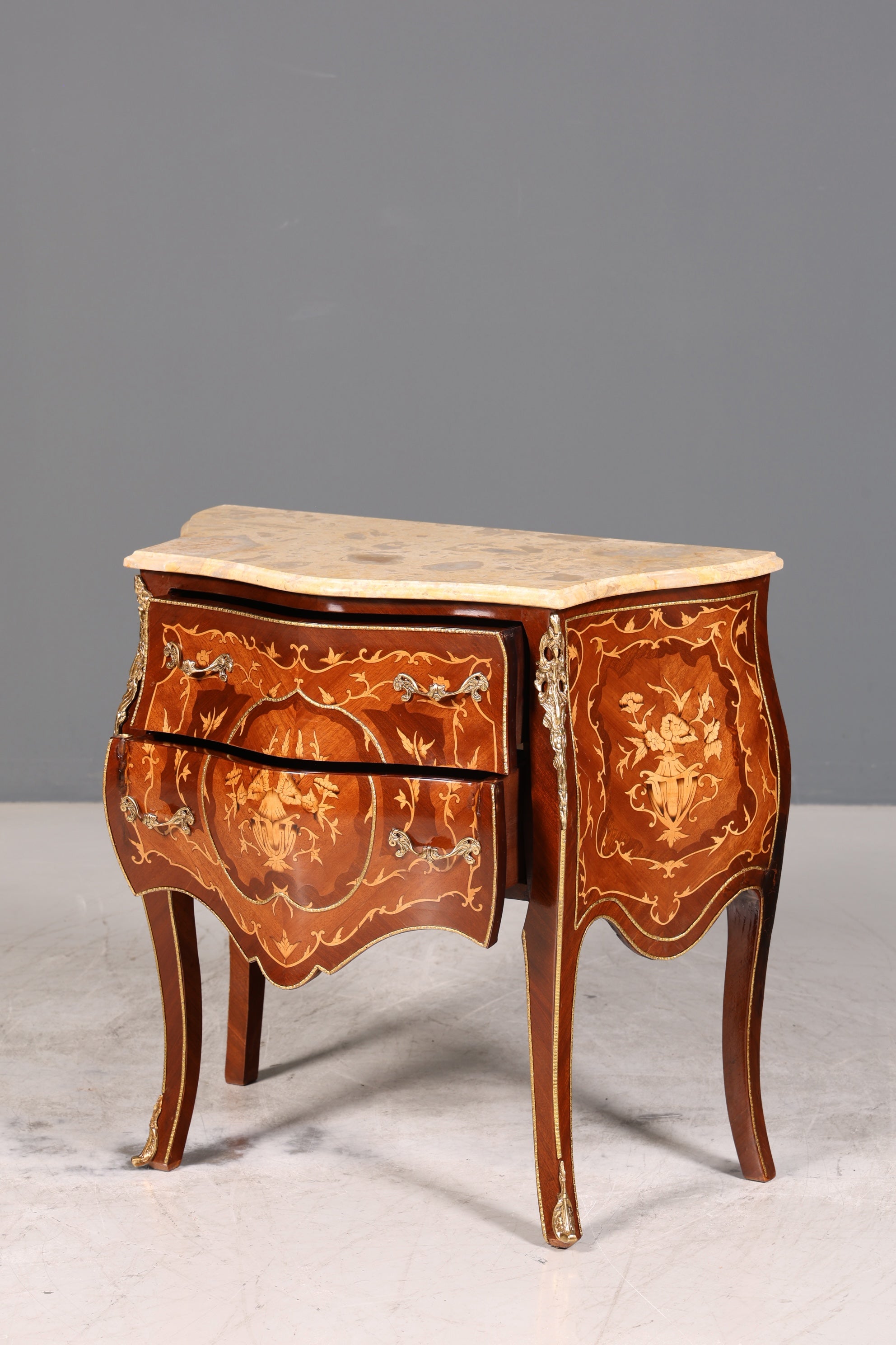 Royal Bulbous Baroque Style Chest of Drawers Brass Marble Louis XV Sideboard Antique Style