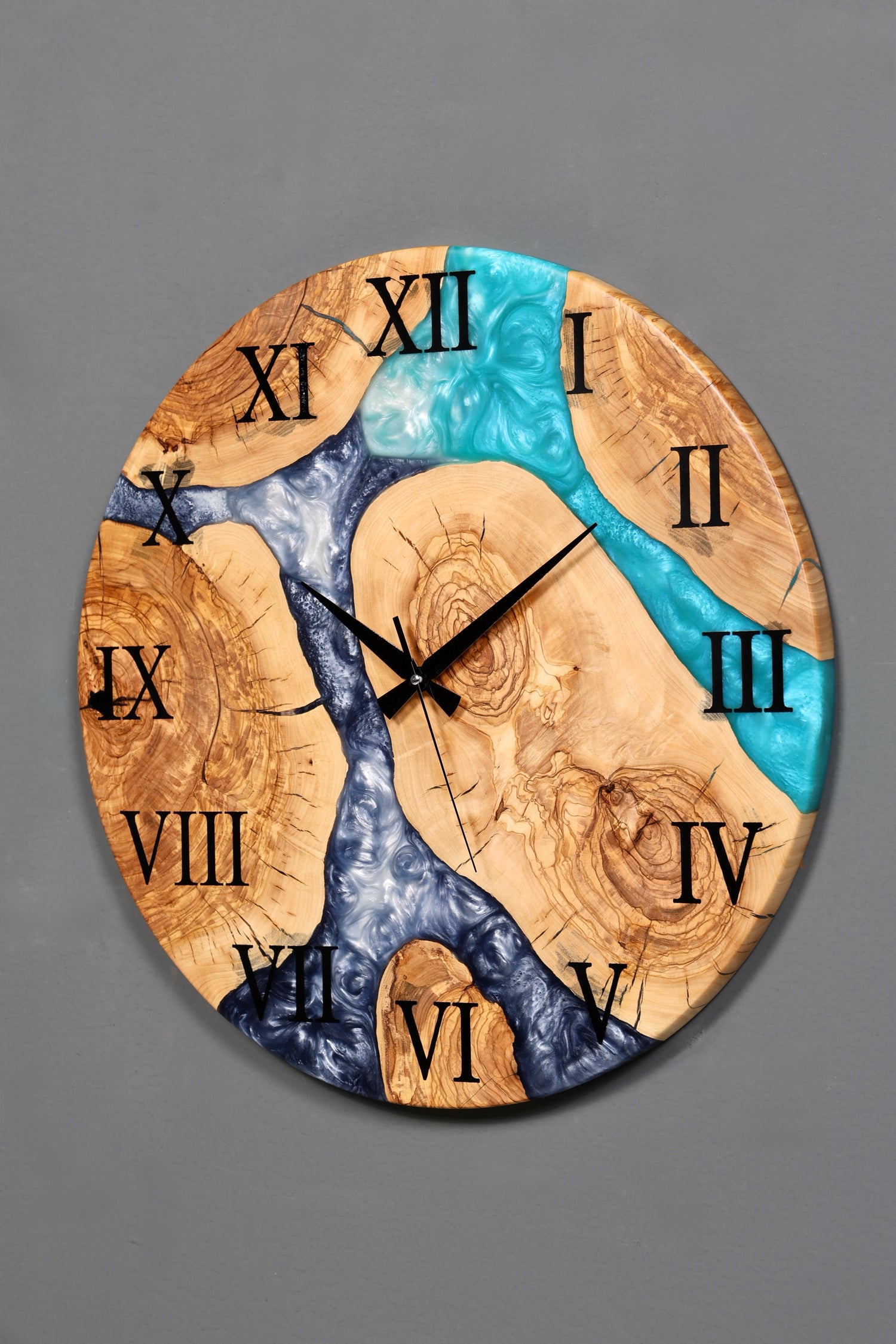 Wunderschöne Handgefertigte Epoxidharz Wanduhr Olivenbaum Blue Ocean Uhr Epoxy Analog Uhr