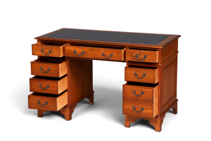 Hauptstadt Möblerei englischer Schreibtisch aus Kirschholz mit dunkelgrüner Lederauflage und vielen Schubladen