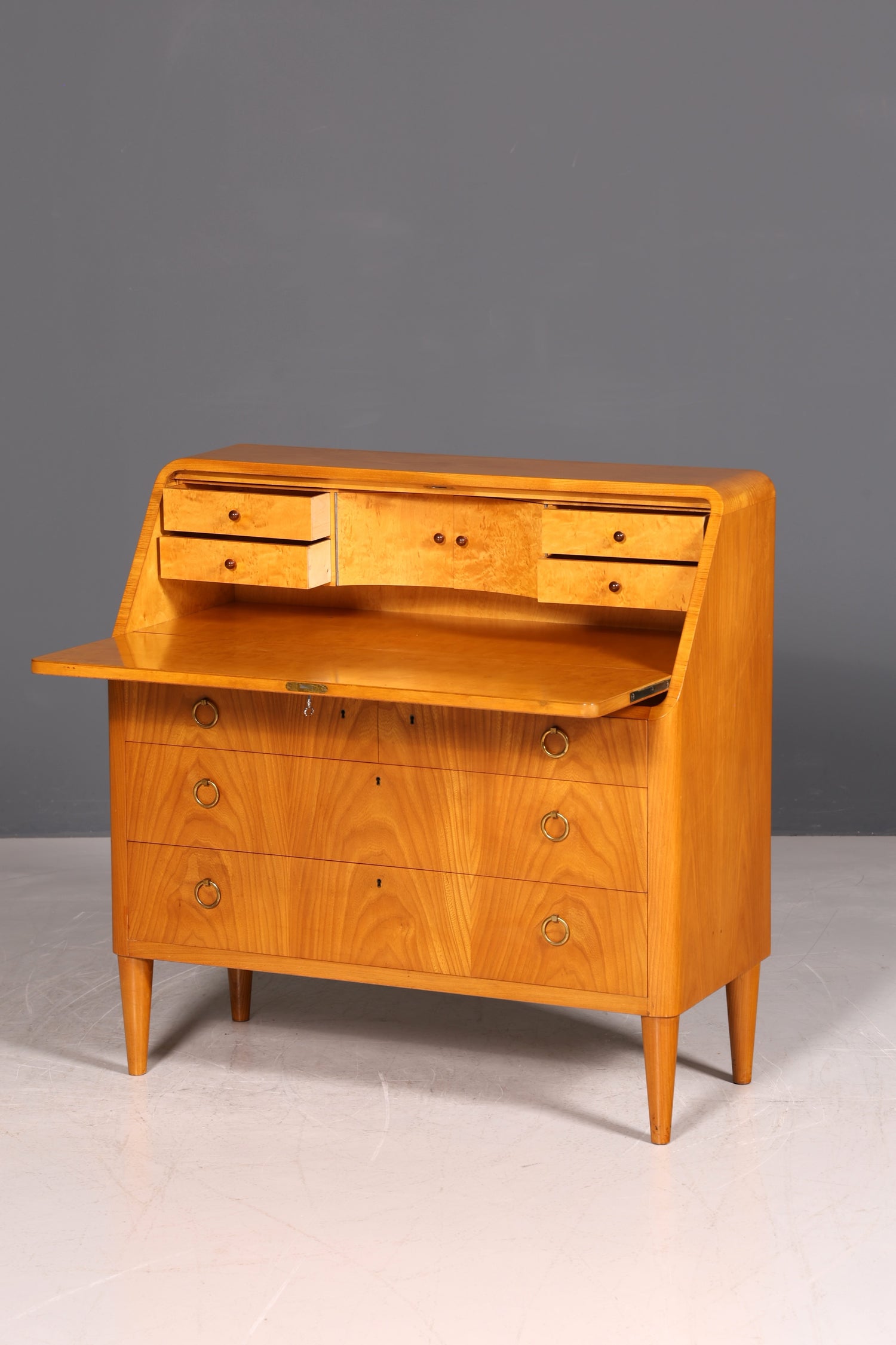 G025 Finish Schlichter Mid Century Sekretär Vintage Schreibmöbel echt Holz Kommode Office Secretary