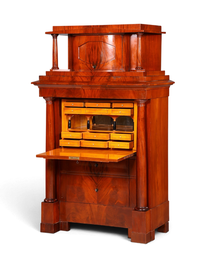 Hauptstadt Möblerei orijinal 1860 Biedermeier sekreter, masif ahşap, sütun detaylı ve açılır yazı masalı antika büro dolabı.