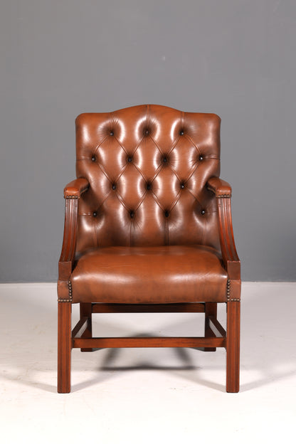 Wunderschöner Original Chesterfield Armlehnstuhl Braun Echt Leder Englisch Herrensessel Sekretär Stuhl Schreibtischstuhl Bürostuhl Antik 1 von 2
