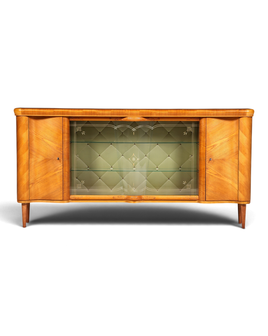 Hauptstadt Möblerei Anrichte aus Holz mit verglaster Vitrine und grünem Rautenmuster im Mid-Century-Stil