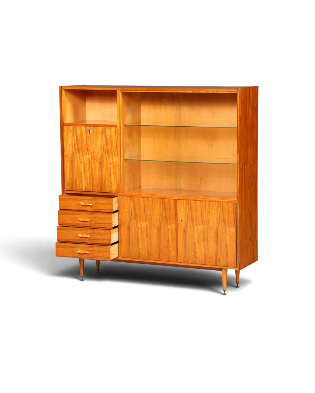 Hauptstadt Möblerei Mid Century Highboard aus Holz mit Glasschiebetüren, Schubladen und konischen Füßen im 60er Stil