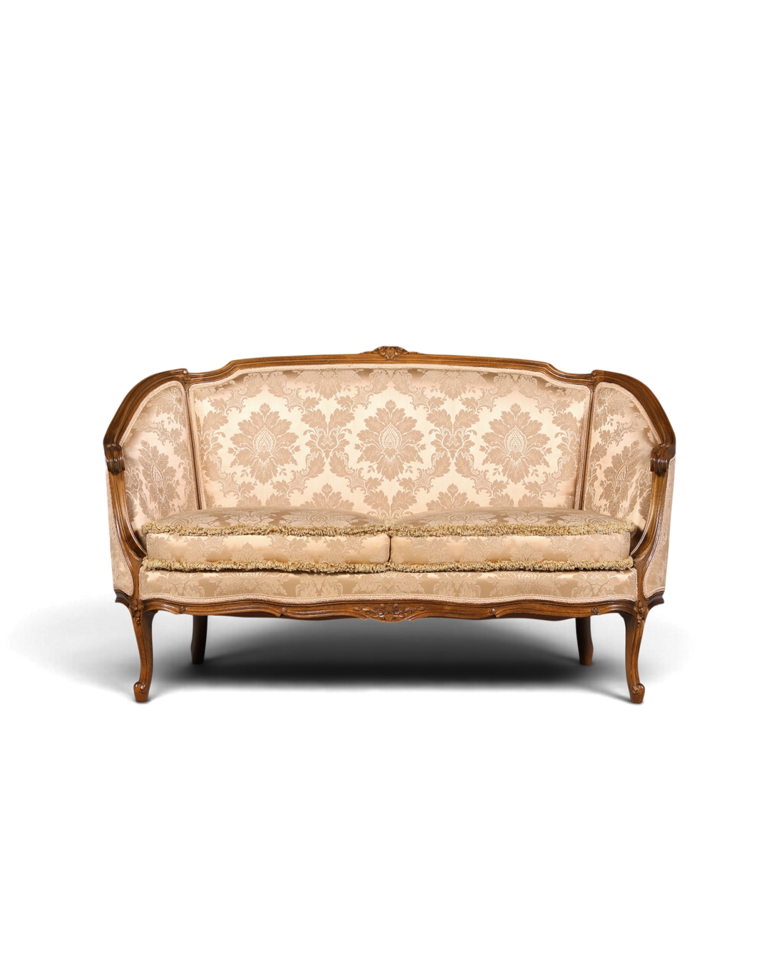 Hauptstadt Möblerei Chippendale 2-Sitzer Sofa im Barock-Stil mit beigem Damast-Samtbezug und Holzrahmen