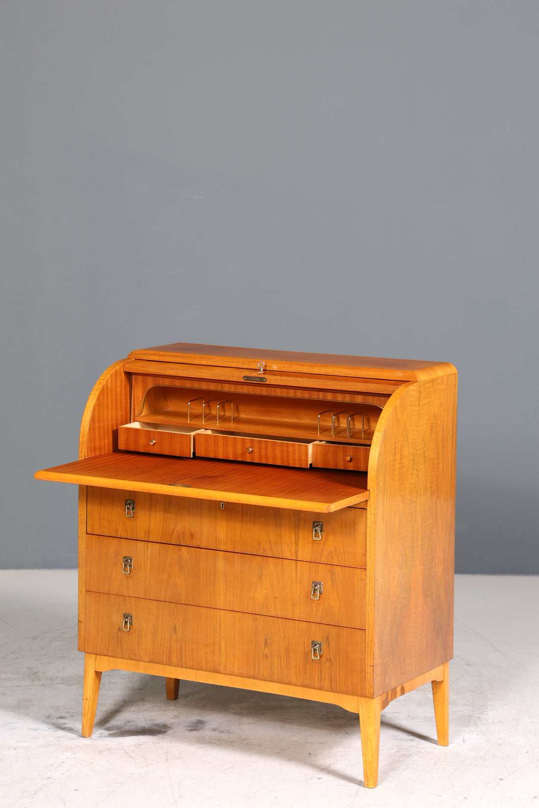 Schlichter Mid Century Rollladen Sekretär echt Holz Büro Schrank Vintage Schreibkommode