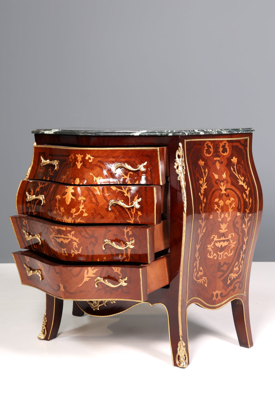 Königliche Bauchige Barock Kommode Messing Marmor Louis XV Antik Stil