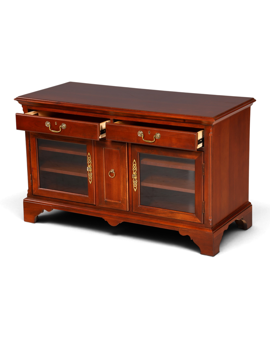 Hauptstadt Möblerei H867 Sideboard aus dunklem Holz mit zwei Schubladen, Glastüren und verzierten Messinggriffen