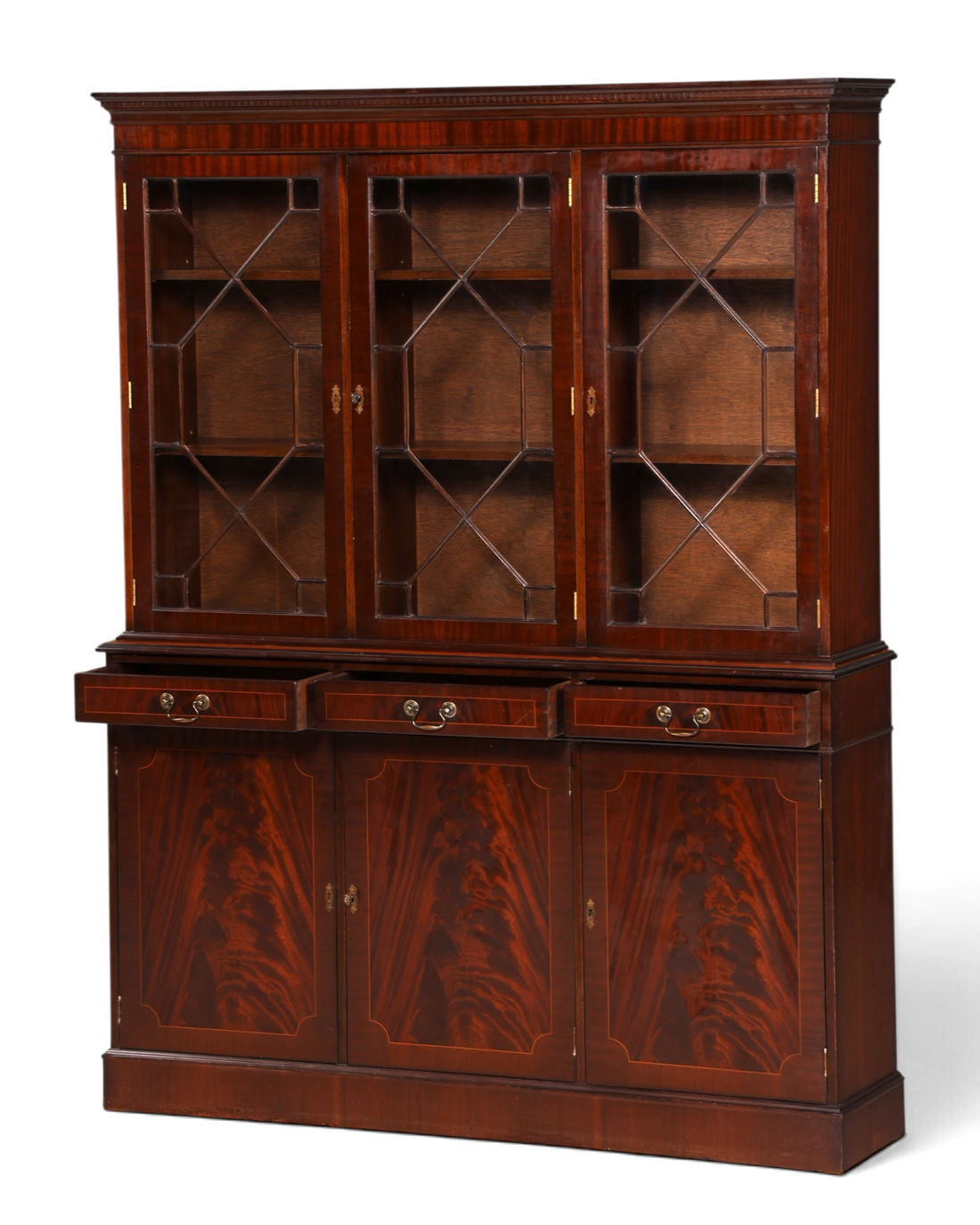 Hauptstadt Möblerei englische Mahagoni Vitrine aus den 60ern mit verglasten Türen und Schubladen im Wohnzimmer