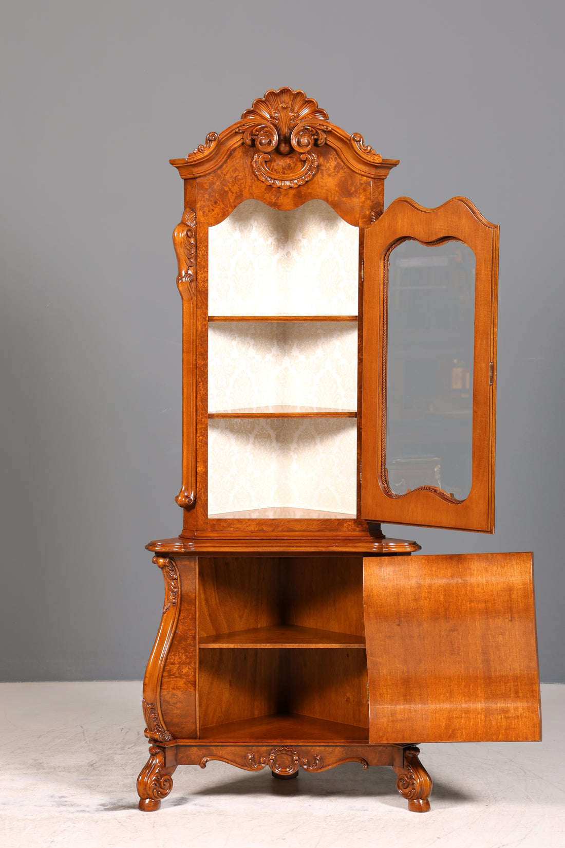 Wunderschöne Barock Eckvitrine echt Holz Chippendale Vitrine Regal Schrank
