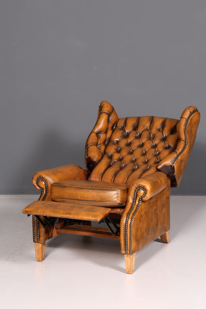 Original Chesterfield wingback armchair, genuine leather, English gentleman’s chair, leather armchair, soft leather, reclining function, antique vintage