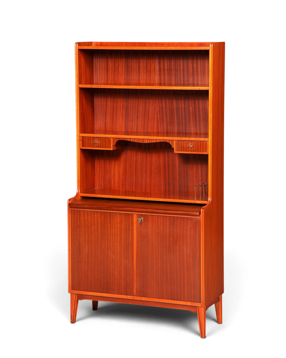 Hauptstadt Möblerei Mid Century ahşap sekreter ve kitaplık, vintage tasarım, açılır çalışma yüzeyi ve raflar.