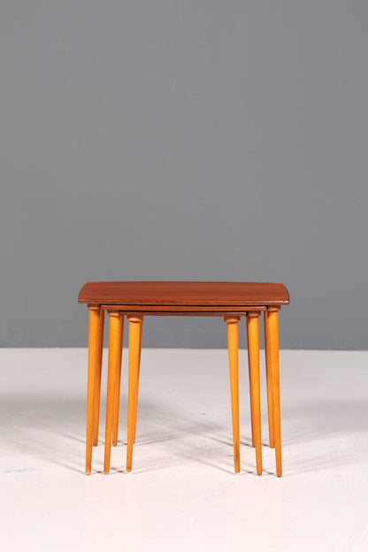 Filigranes Mid Century Tisch Set Couchtisch Teak Holz 3er Satz Ablagetisch Beistelltisch