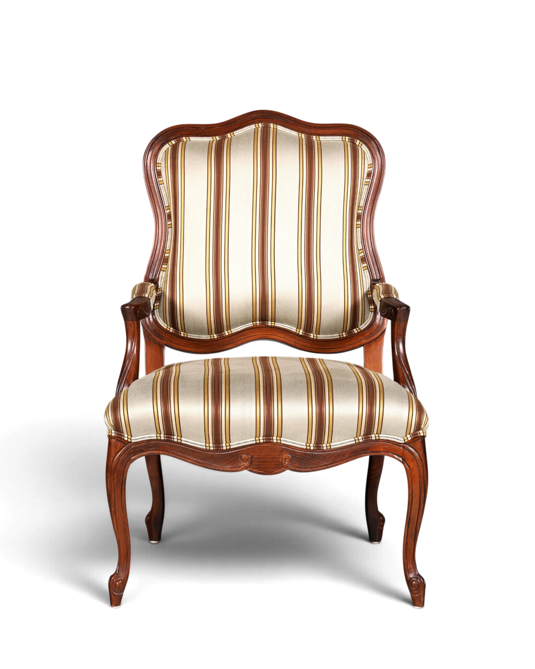 Hauptstadt Möblerei Drexel Heritage Monica Chair Armlehnsessel mit gestreiftem Stoffbezug und dunklem Holzrahmen