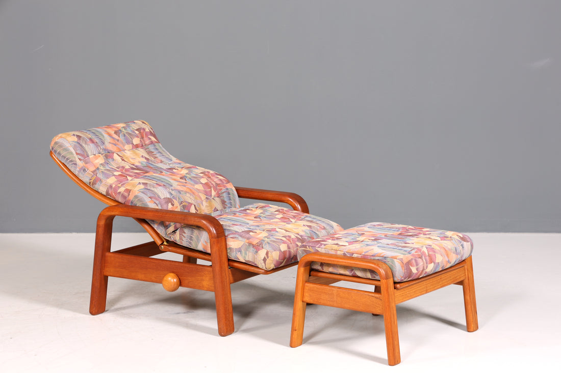 Stilvoller Mid Century Armlehnsessel mit Hocker HS Design Sessel Liegefunktion Teak Holz Lounge Sessel