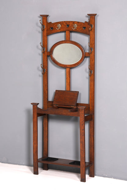 Stunning Art Nouveau hall tree, oak, antique coat rack with mirror, hallway furniture, wall-mounted coat rack