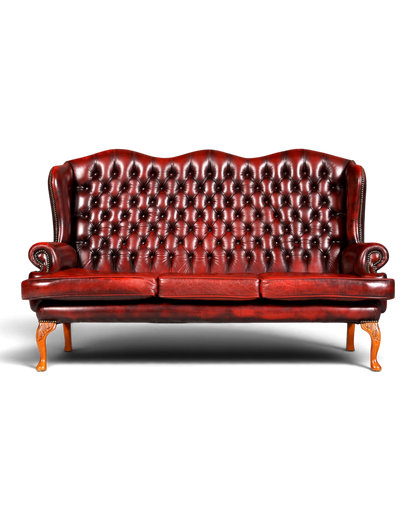 Hauptstadt Möblerei Chesterfield Queen Anne 3er Sofa aus dunkelrotem Echtleder mit Knopfheftung und Ziernägeln