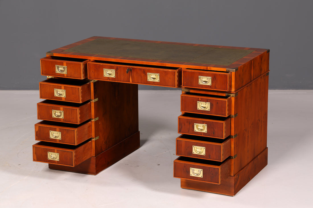 Edler Maritimer Schreibtisch Englischer Military Chest Bürotisch Office Table Echt Lederauflage Antik Vintage