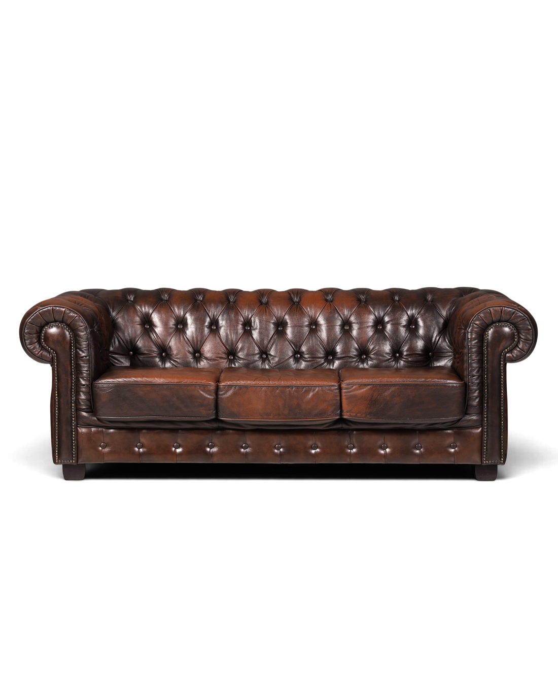 Hauptstadt Möblerei Chesterfield 3-Sitzer Sofa aus braunem Echtleder mit klassischer Knopfheftung und Armlehnen