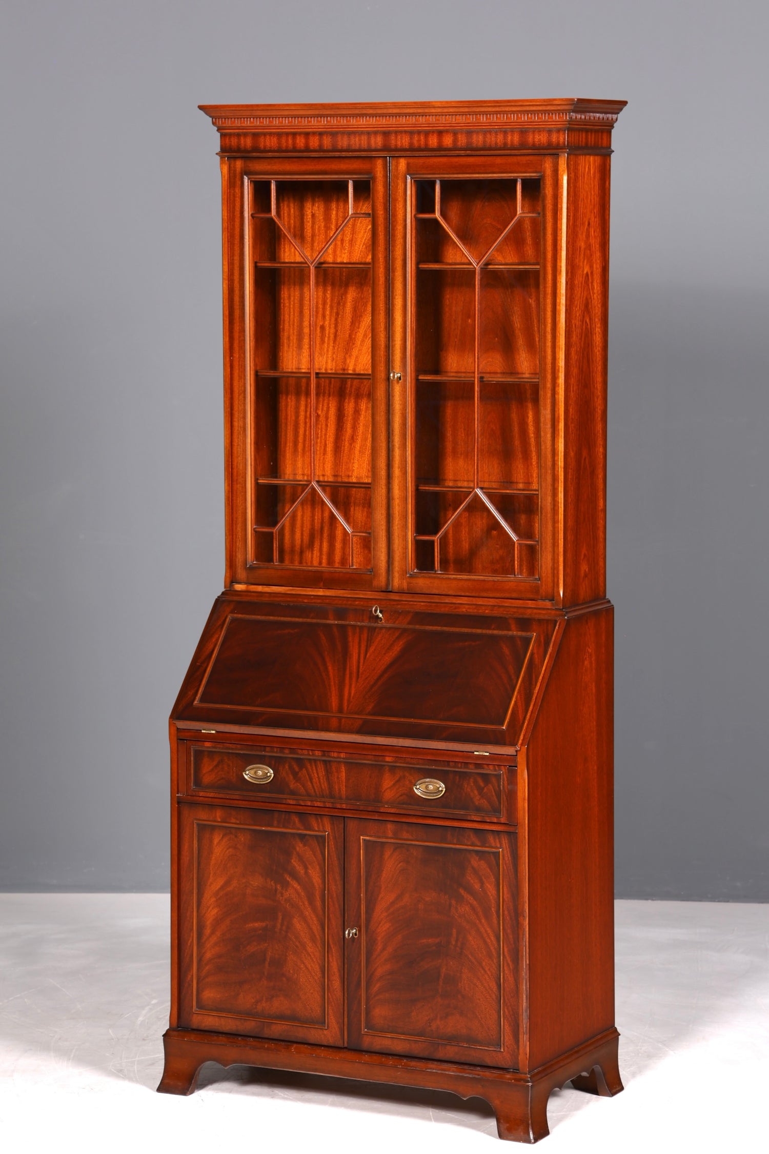 F943 Finish Stilvoller Englischer Sekretär Original Heldense Büro Aufsatzsekretär Eibe Antik 60S Vitrinen Schrank UK