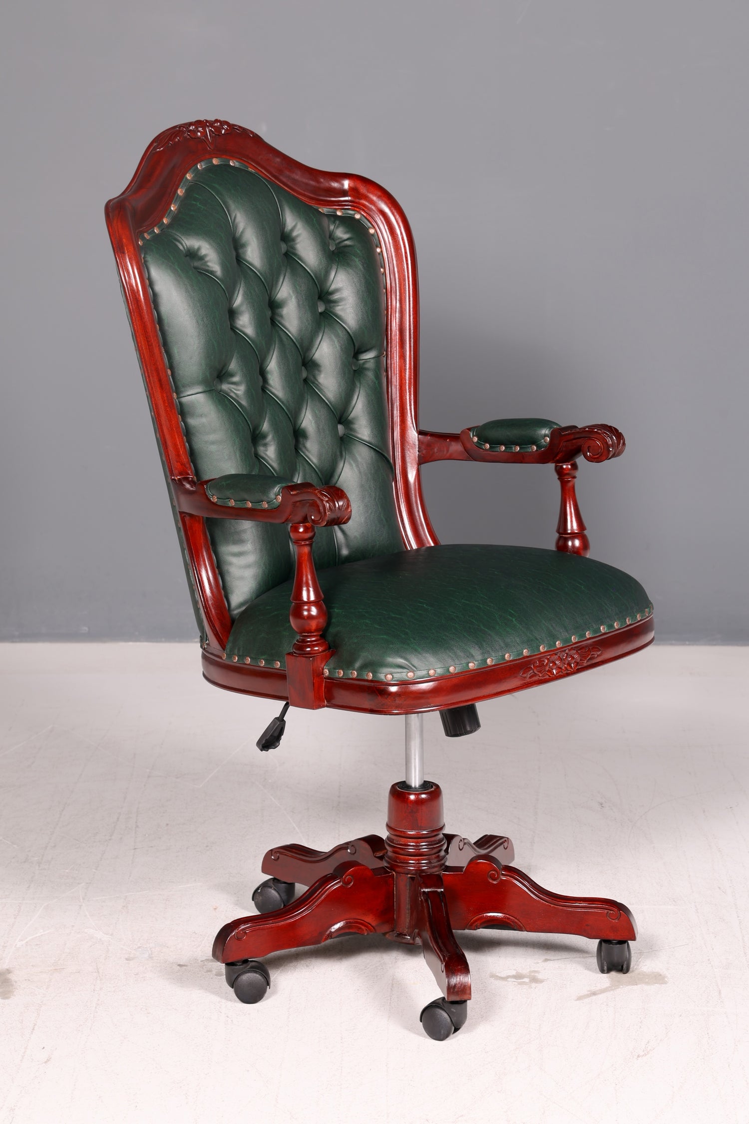 Elegant Chesterfield Executive Office Chair Green Mahogany Desk Chair Swivel Chair English Vintage