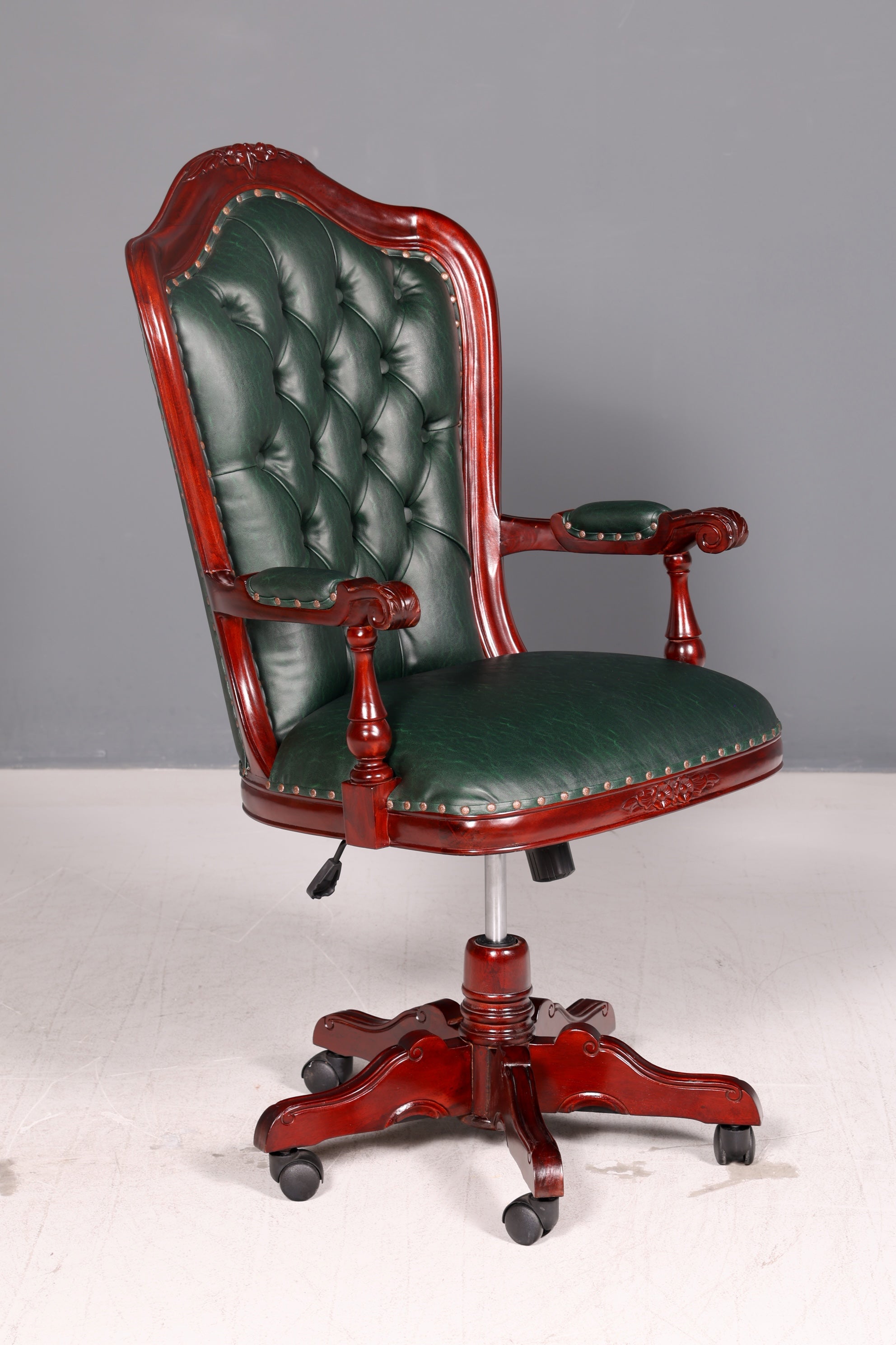 Elegant Chesterfield Executive Office Chair Green Mahogany Desk Chair Swivel Chair English Vintage
