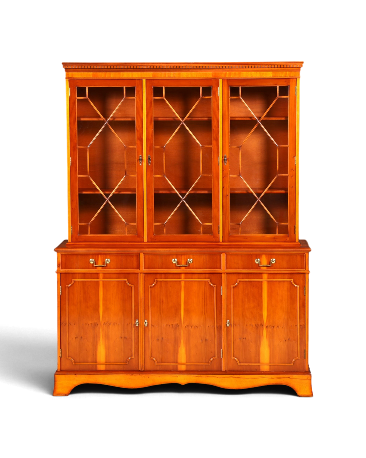 Hauptstadt Möblerei englische Vitrine aus Eibenholz mit Glasfront, Messingbeschlägen und Stauraum im Unterteil