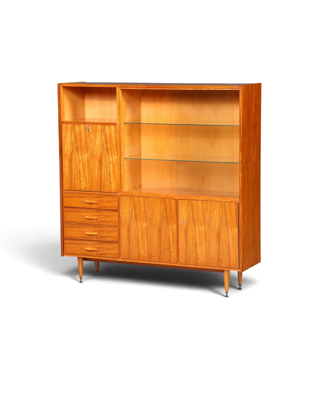 Hauptstadt Möblerei Mid Century Highboard aus Holz mit Glasschiebetüren, Schubladen und konischen Füßen aus den 60ern